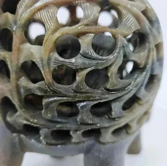 Hand Carved Soapstone Stone Elephant Baby Inside Green Figurine Natural Colors - Picture 2 of 9